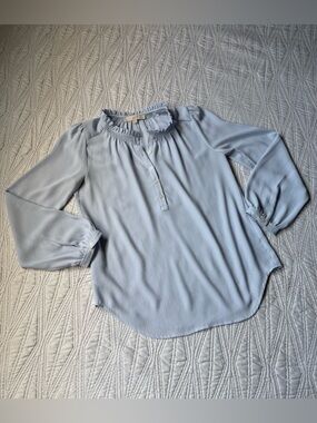 LOFT Light Blue Ruffle-Neck Button Popover Blouse